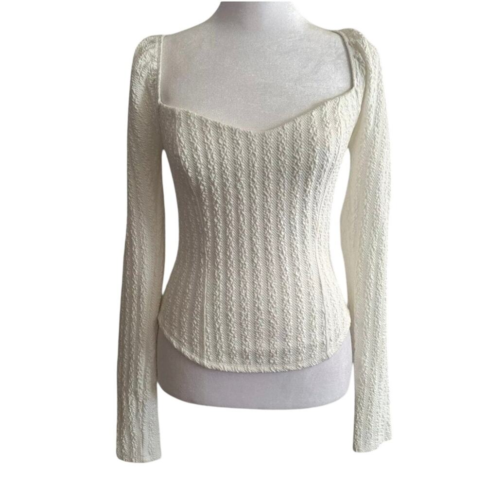 NWT FREE PEOPLE Brittany White Ribbed Puff Sleeve Top Large White Boho